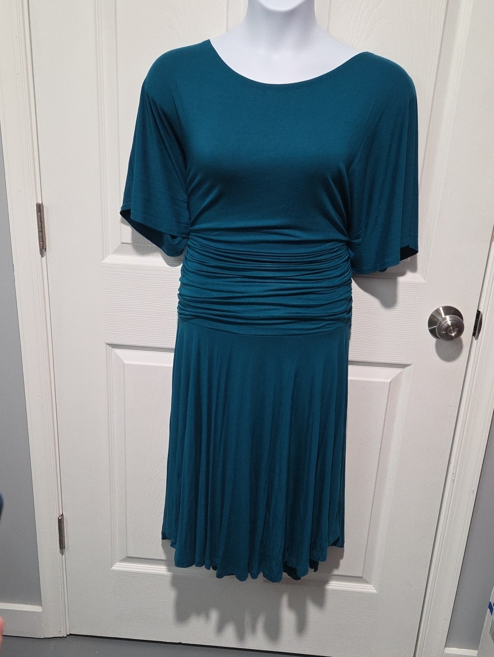 Newport News Teal Ruched-Waist Midi Dress